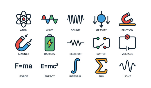 Physics symbols and scientific icons arranged on white background