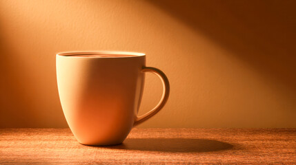 Obraz premium Warm ceramic cup filled with hot coffee casting a soft shadow on wooden surface against an orange background with gentle lighting ambiance
