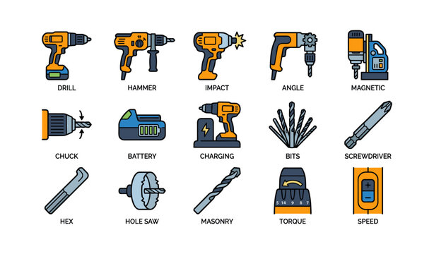 Power drills and accessories arranged in grid on white background