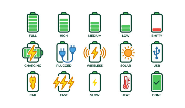 Battery icons showing charge levels and charging types
