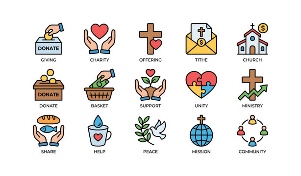 Charity and giving icons showing donations and community support