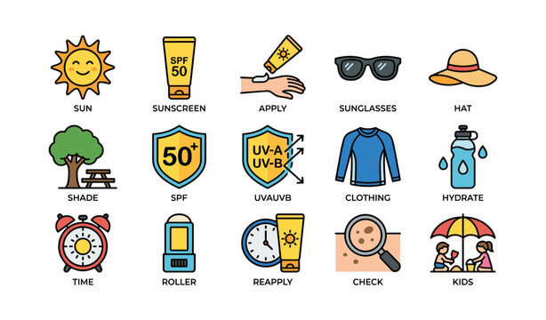 Sun protection icons illustrating sunscreen tips on white background