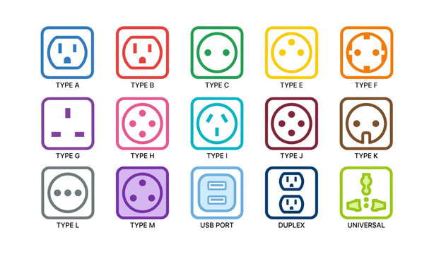 International electrical outlet icons displaying common plug types