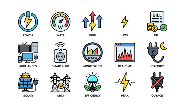 Power monitoring icons showing consumption and grid status on white