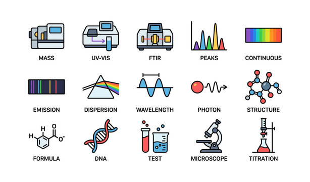Laboratory instrumentation and spectroscopy icons on white background