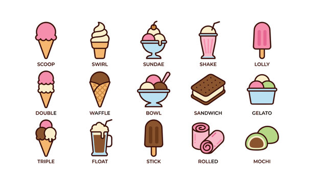Ice cream icons showing cones sundaes and popsicles on white