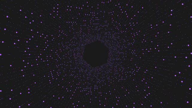 Abstract animation of purple glowing particles forming a tunnel on black background, with depth of field and radial motion, ideal for tech, sci fi, data, and space themes