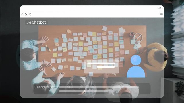 A top-down view of a diverse group collaborating on a project using sticky notes and a digital interface displaying an AI chatbot, epitomizing teamwork and creativity. Raster