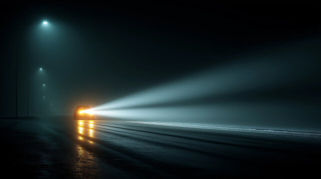 Car headlights cutting through fog and rain atmospheric night drive