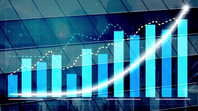 Dynamic representation of business growth with bar graphs and line charts against a glass building, showcasing the essential elements of data analysis and economic success. Copula
