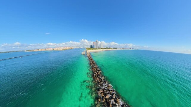 Aerial Miami Beach jetty warp to tiny planet