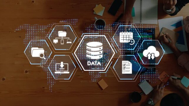 This image illustrates a digital data management concept with icons depicting storage, sharing, and planning, set against a global map, perfect for tech-focused projects. Raster