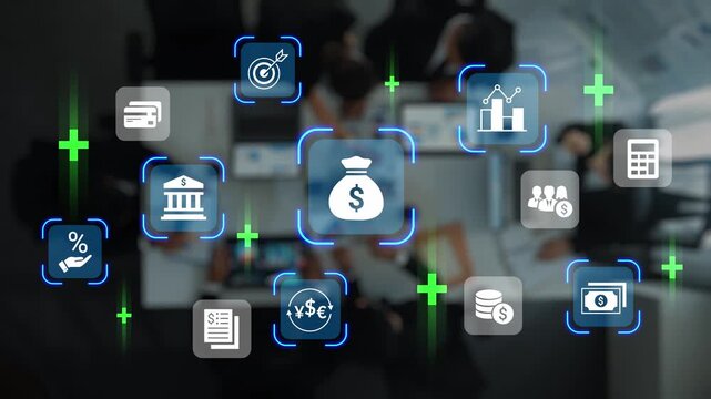 Digital financial concepts and growth strategies with icons depicting investment, banking, statistics, and currency trends in a modern office environment Gluon.