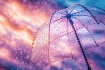 Naklejka premium A transparent umbrella with raindrops against a colorful sky background. AI.