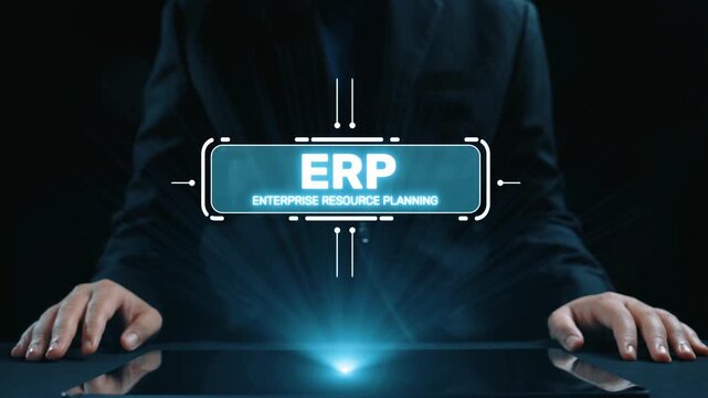 ERP platform visual showing centralized system for enterprise resource planning, improving integration, data flow, business efficiency, finance, inventory, and human resources. Elide