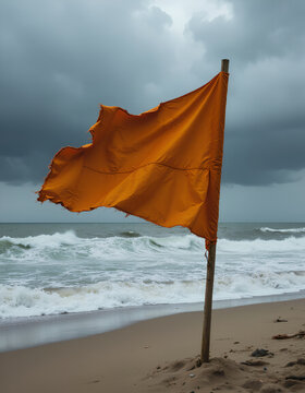 Torn orange flag on a stormy beach with rough ocean waves