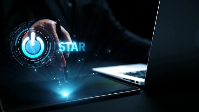Start 2025 concept with futuristic power button symbolizing fresh beginnings, innovation, and digital transformation. Start 2025, new goals, and start 2025 initiative. Elide
