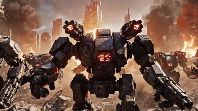 Robotic war machines marching through a destroyed urban landscape