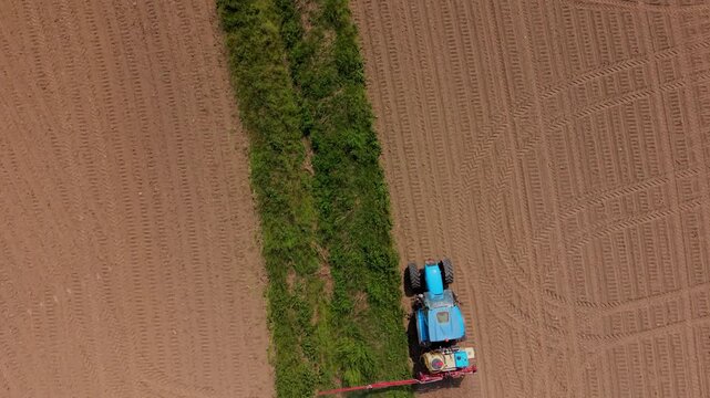 Agricultural Marvel: An overhead shot showcases a tractor at work on a farm field, cultivating a straight furrow through a stretch of lush vegetation.