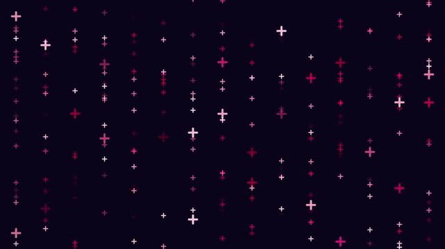 Abstract footage of glowing plus signs and cross symbols floating and twinkling on a dark purple background, forming a modern digital pattern for tech and UI visuals