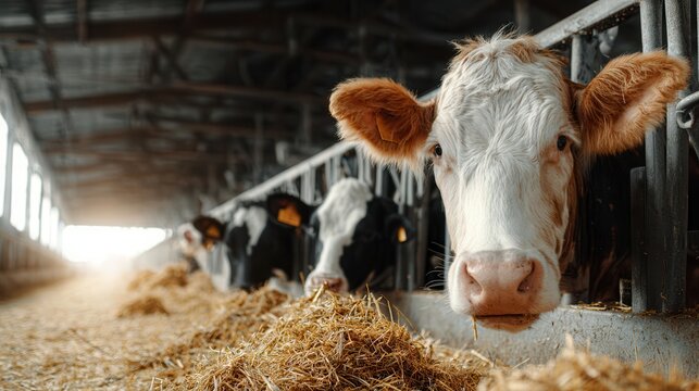 Dairy farm Holsteins eating hay in cowshed