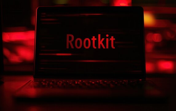 Rootkit displayed on laptop screen in dark red light