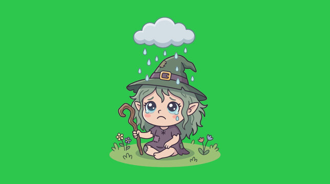 Sad Cartoon Witch Character Sitting in the Rain with Tears and Staff.