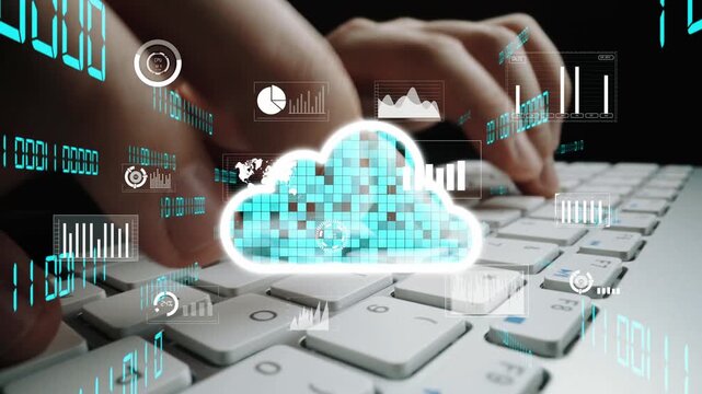 Hands on a keyboard with a digital cloud icon surrounded by graphs and analytics symbols, representing the integration of cloud technology and data visualization in modern business environments. Xenic