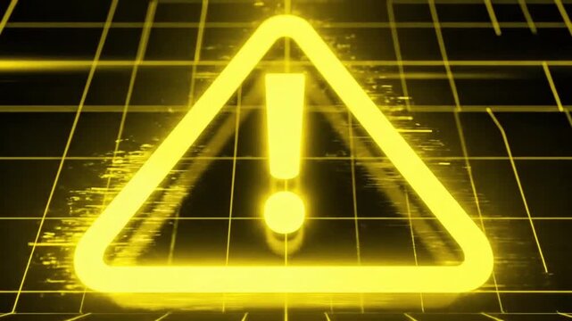 High-tech animated warning triangle icon with exclamation mark, glowing edges, pulsing light effect, camera zoom-in with slight tilt angle, dark background with grid lines, cyber safety theme