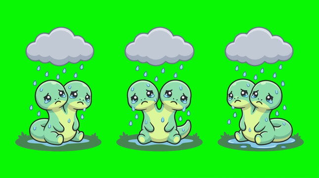 Sad Two-Headed Cartoon Creatures Under Rain and Cloudy Skies.