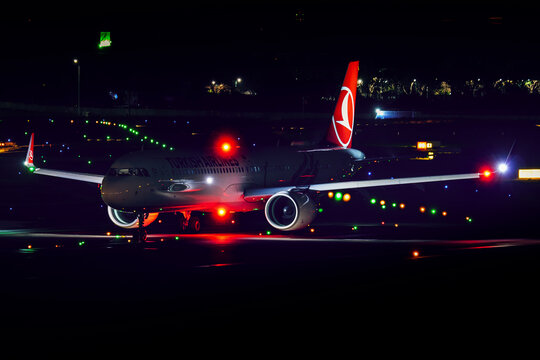 Turkish Airlines Airbus A321neo (TC-LSA) lining up on runway at night at Istanbul Ataturk Airport on March 27, 2019 in Istanbul, Turkey
