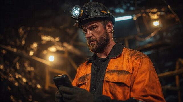 A rugged miner wearing a hard hat and orange safety jacket checks his phone in a dimly lit underground mine.