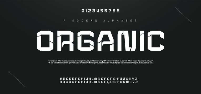 ORGANIC Digital alphabet font made techno cyber style, uppercase letters and numbers made in futuristic style, vector illustration 10EPS
