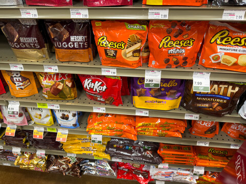 Chocolate Candy Aisle With Reese&rsquo;s KitKat Twix And Assorted Candy Bars On Store Shelf