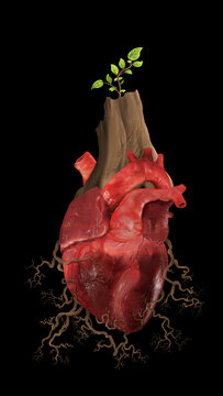 Human Heart with Tree Trunk and Roots Surreal Concept Illustration