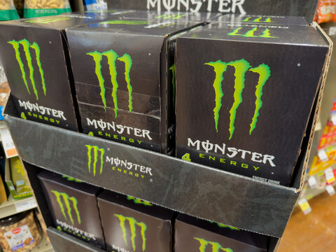 Monster Energy Drink 4 Pack Boxes Displayed On Store Shelf