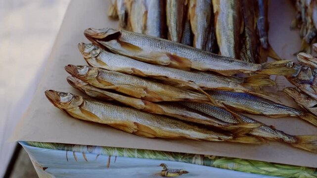 Dried salted fish arranged in row on market stall. Traditional snack seafood product for sale. Healthy protein food concept. Close up view of tasty small dried smelt for consumption.