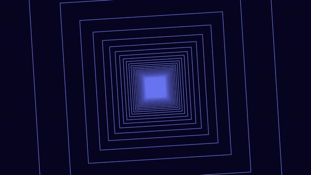 Futuristic geometric tunnel made of glowing blue square outlines receding into depth on a dark background, ideal for technology intros, sci-fi visuals, and motion design