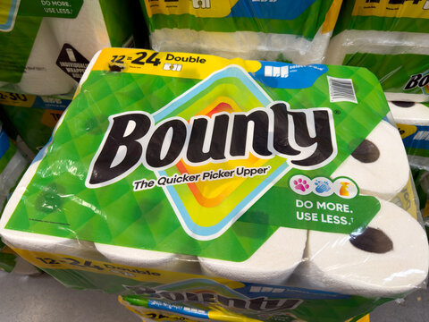 Bounty Paper Towels Quicker Picker Upper Double Rolls Pack Displayed On Store Shelf