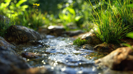 Obraz premium Serene forest stream gently flowing over smooth rocks with sunlight sparkling on clear water surrounded by lush green grasses and natural wilderness environment