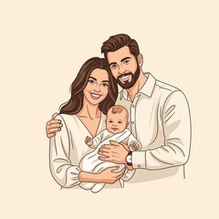 Obraz premium Vector illustration of a smiling mother and bearded father holding their newborn infant baby. Both parents wear cream-colored clothing against a clean, neutral background.