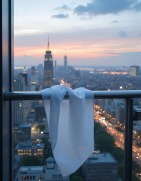 White cloth on balcony overlooking NYC cityscape at sunset