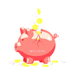 Fototapeta premium Cracked pink piggy bank with gold coins falling out, displaying 'Emergency Fund' text, symbolizing financial crisis, savings, and debt.