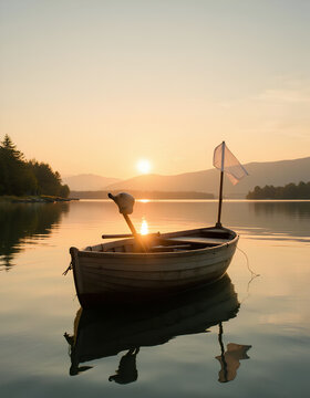 Sunrise over a serene lake with a wooden rowboat and distant mou