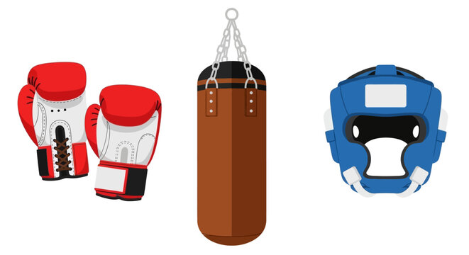 Boxing equipment illustration red gloves brown punching bag and blue headgear