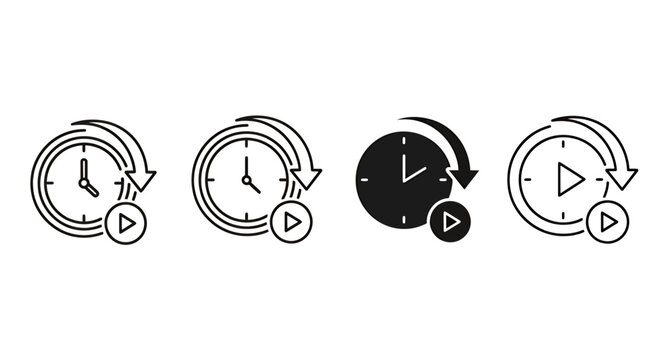 Series of rotating clocks with play icons representing time loops and cycles.