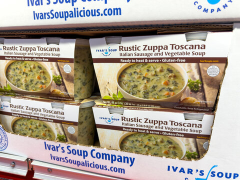 Ivar's Soup Company Rustic Zuppa Toscana Italian Sausage And Vegetable Soup Packages On Retail Shelf Display At Costco