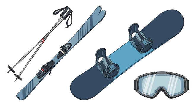 Winter sports equipment set skis snowboard poles and goggles isolated