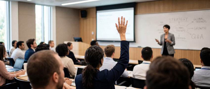 Female speaker standing by whiteboard in classroom with student raising hand to ask question during corporate training seminar lecture, diverse audience with laptops attending