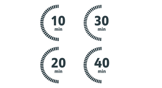 Set of four circular timer icons displaying ten, twenty, thirty, and forty minute intervals in a minimalist design.